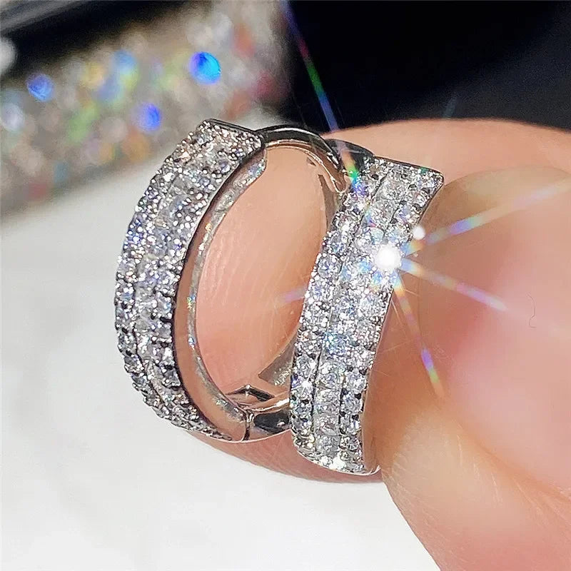 Sterling Silver Hoop Earrings Cubic Zircon Minimal Round Circle — Silver | KIMLUD