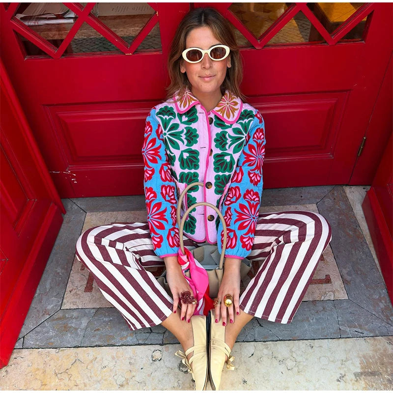 Women Print Cotton Jacket Colorful Casual Turn-down Collar Long Sleeve Single Breasted Pocket Jackets Autumn Winter Fashion Coat