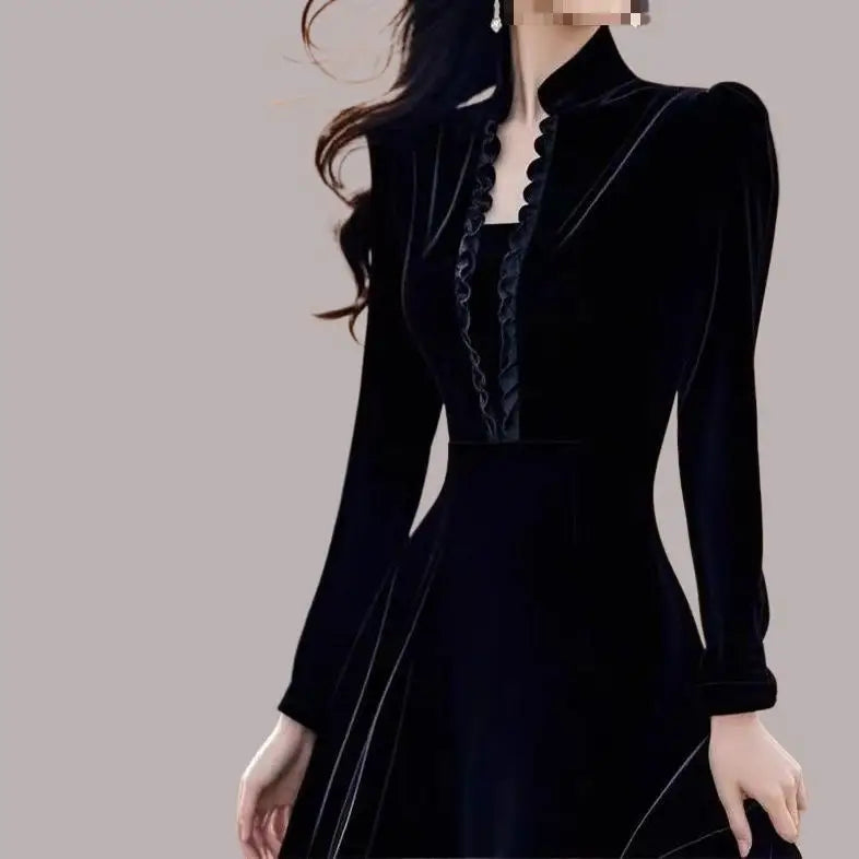 Velvet Midi Dress – Stand Collar Long Sleeve – Black | KIMLUD