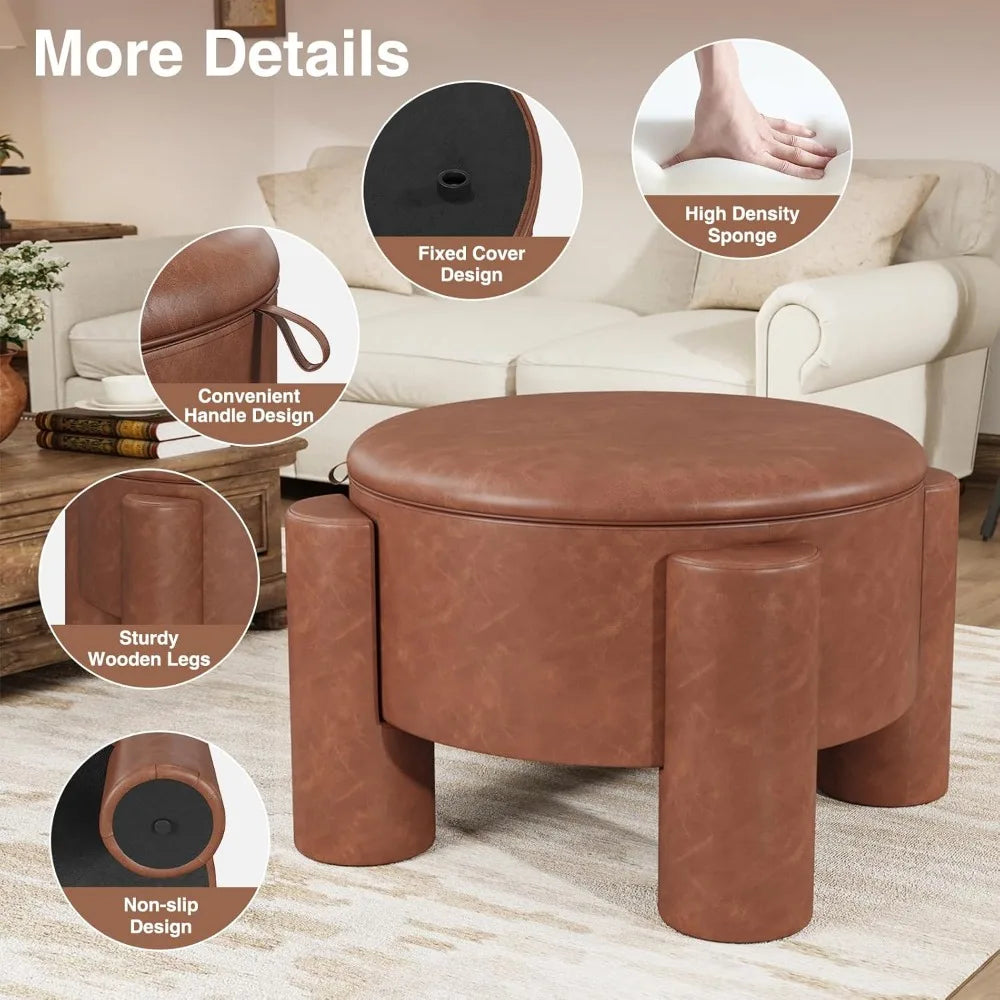 Storage Ottoman with Removable Top, 24" Round Coffee Table Ottoman & Upholstered Footrest, Faux Leather Ottoman for Small