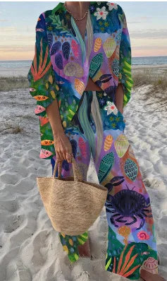 Two-Piece Set – Boho Beach Print – Loose Silhouette | KIMLUD