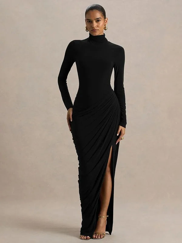 Thick Jersey Pleated Bodycon Dress — Brown | KIMLUD