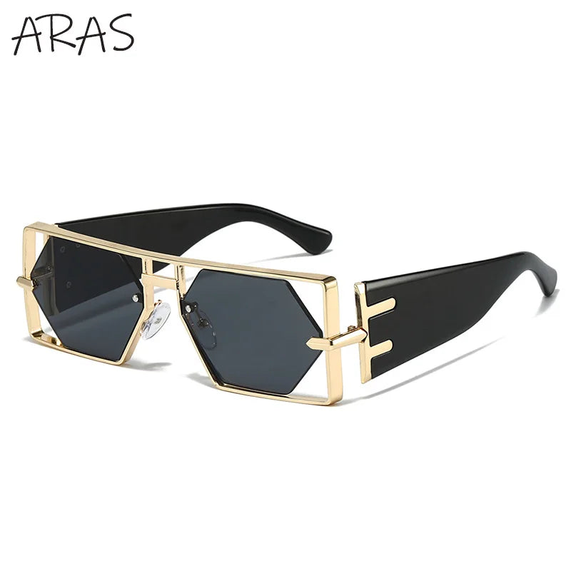 Steampunk Sunglasses Rectangle Hexagon Frame Hollow Alloy — Gold | KIMLUD