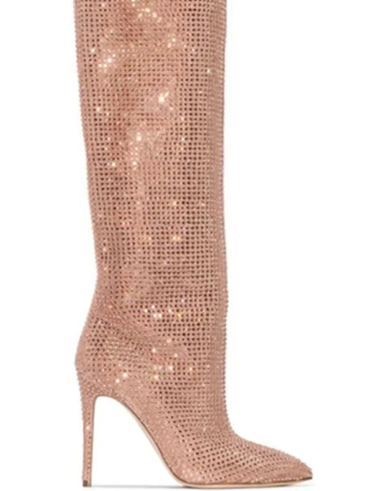 2025Women's New European and American Fashion Show Starry Sky High-heeled Rhinestone Pointed Nightclub Four Seasons Boots