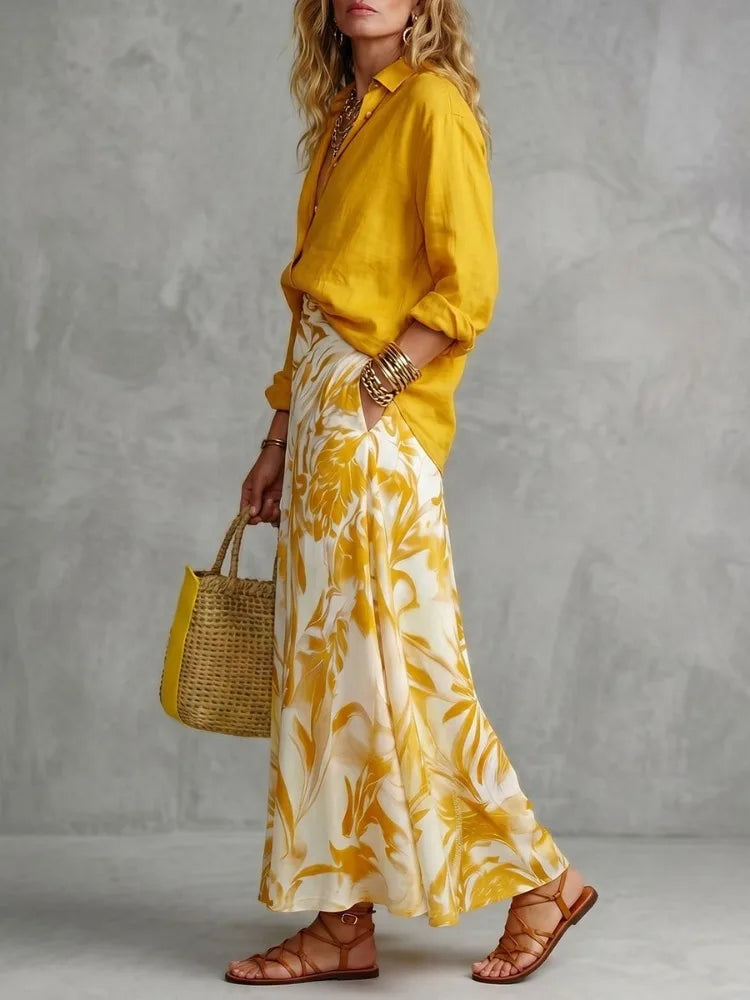 Lapel Blouse – Loose Buttoned – Polyester Fiber – Yellow | KIMLUD