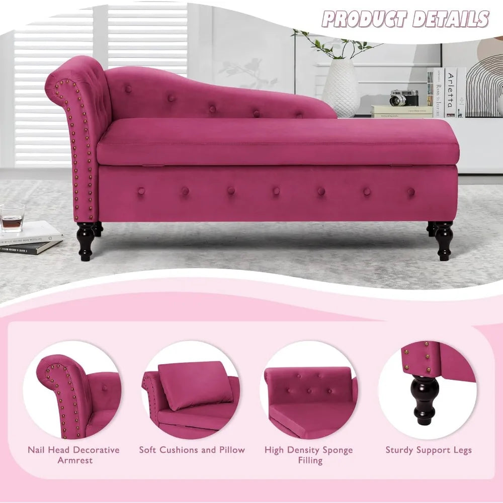 Velvet Chaise Lounge with Left Armrest & Storage Space,Button Tufted Lounge Chair w/Lumbar Pillow,Modern Upholstered Lounge Chai