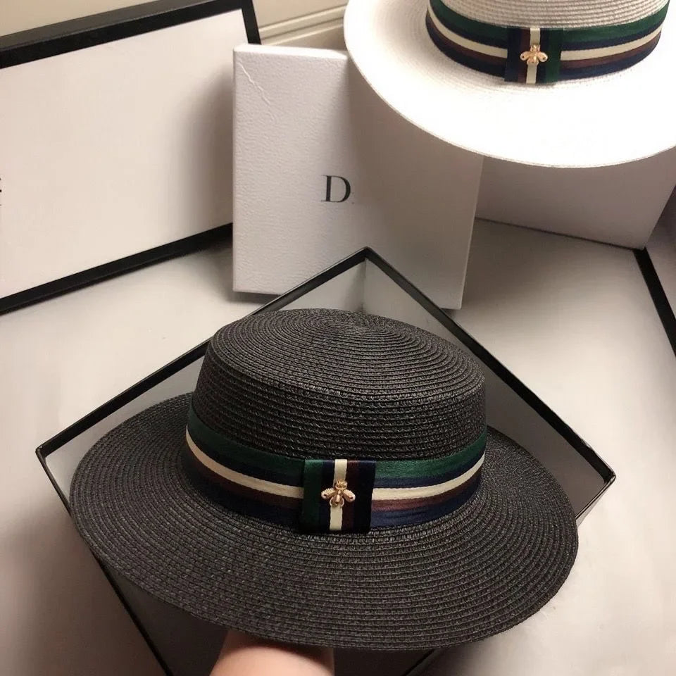 Polyester Wide Brim Hat Striped Bee Embroidery — Multicolor | KIMLUD