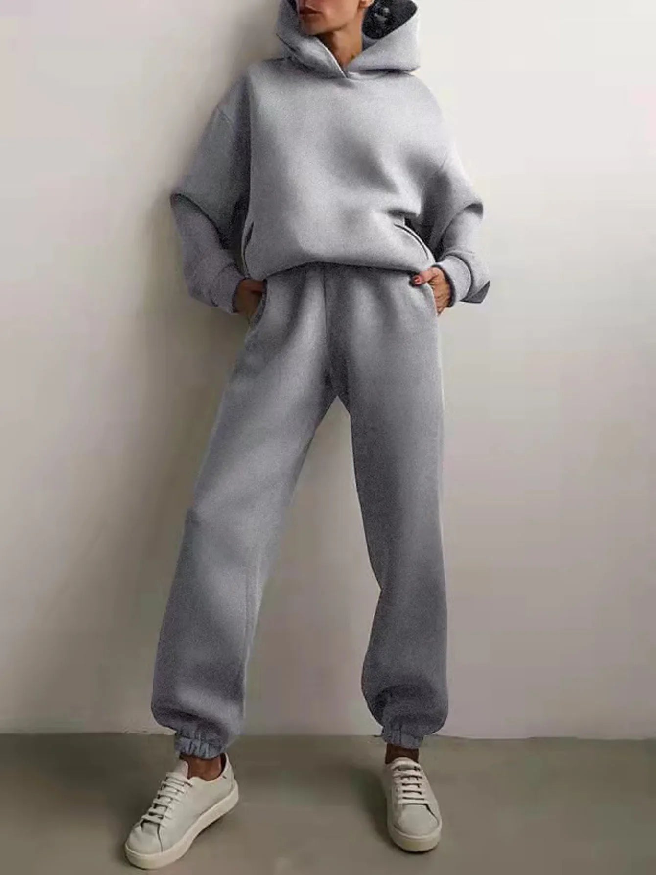 Fleece Tracksuit Two-Piece Hooded Set — Black | KIMLUD