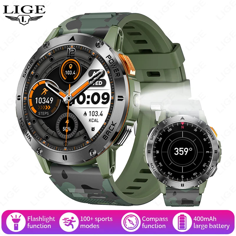 LIGE Outdoor Military Smart Watch Men 1.53" AMOLED Screen GPS trackr Waterproof Bluetooth Call Sports Braceletes For Android IOS