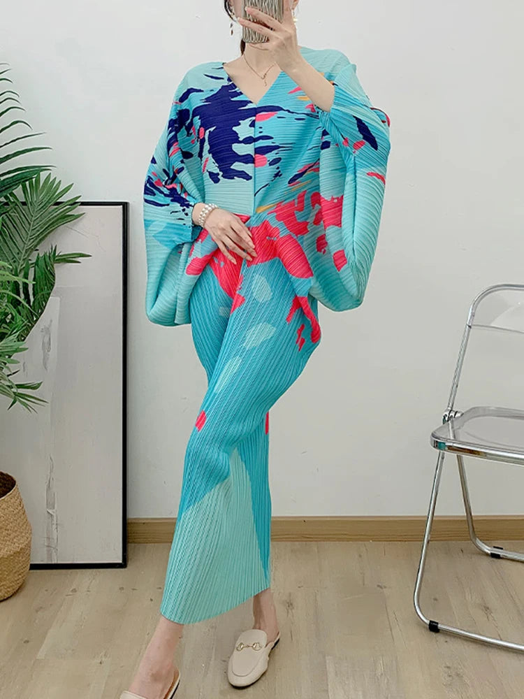 KIMLUD, LANMREM V-neck Bat Sleeve Maxi Pleated Dress 2023 Summer New Women's Elegant Retro Style Print Festival Dresses Clothing 2DA1267, Light Blue / One Size, KIMLUD Women's Clothes