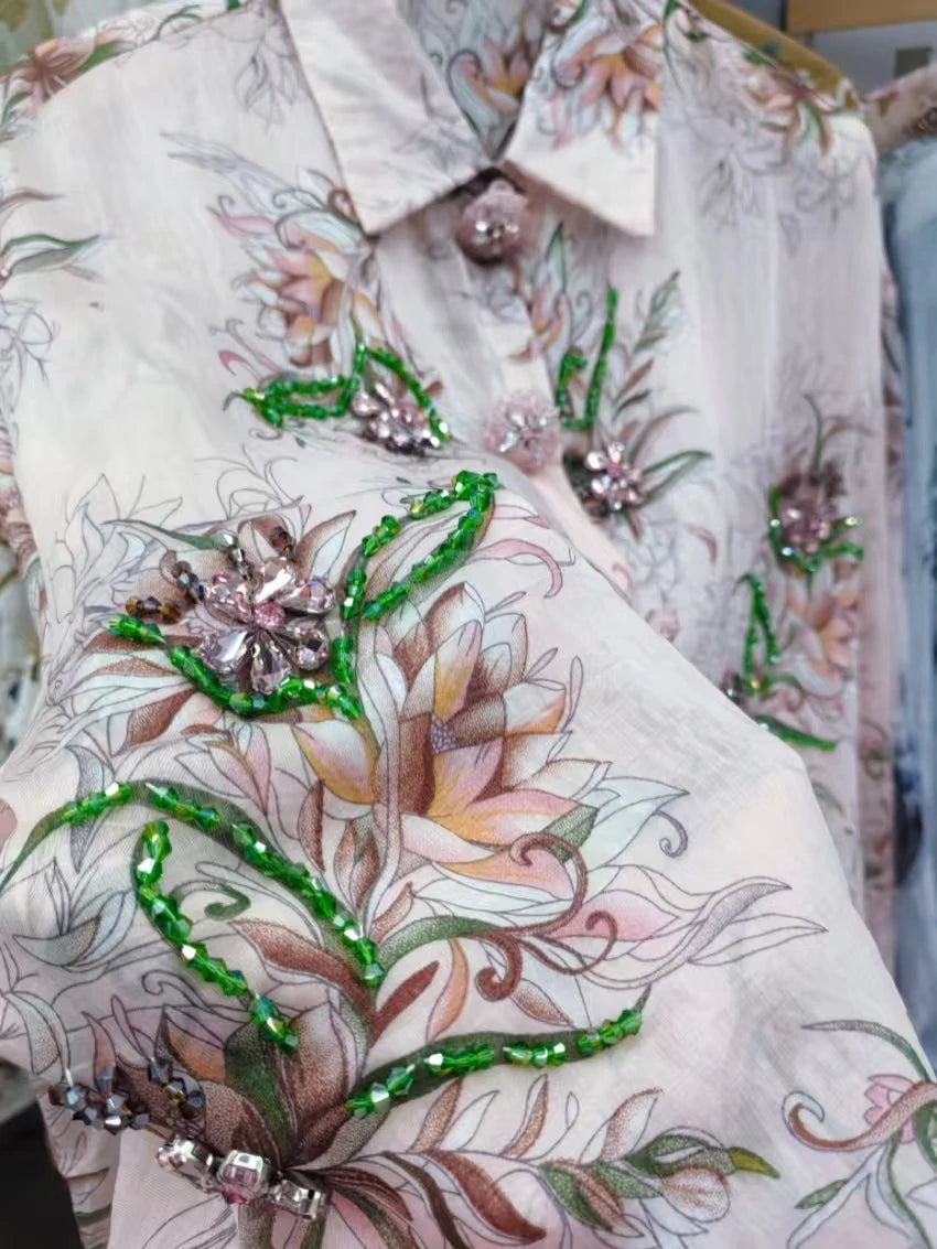 Blouse – Sparkle Diamond Crystal Stitch – Cotton Linen | KIMLUD