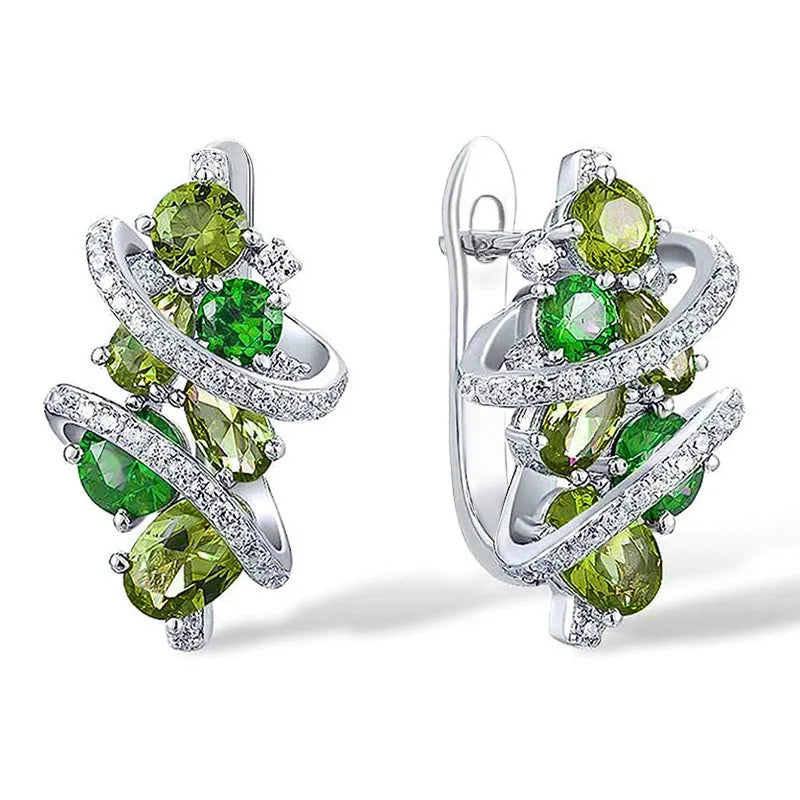 Cubic Zirconia Hoop Earrings Elegant Bridal Style — Green/Blue | KIMLUD