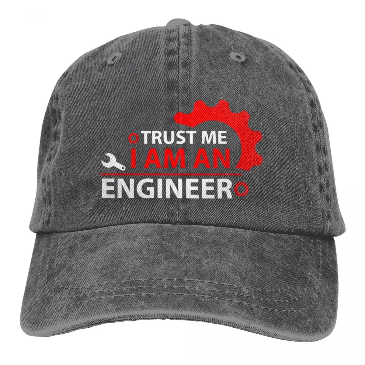 Washed Denim Trucker Cap With Bold Logo — Red | KIMLUD