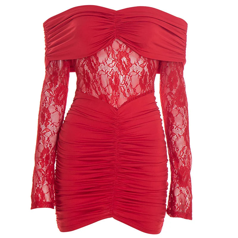 Mozision Off-shoulder Strapless Backless Sexy Mini Dress Women Gown Elegant Lace See Through Long Sleeve Ruched Club Party Dress
