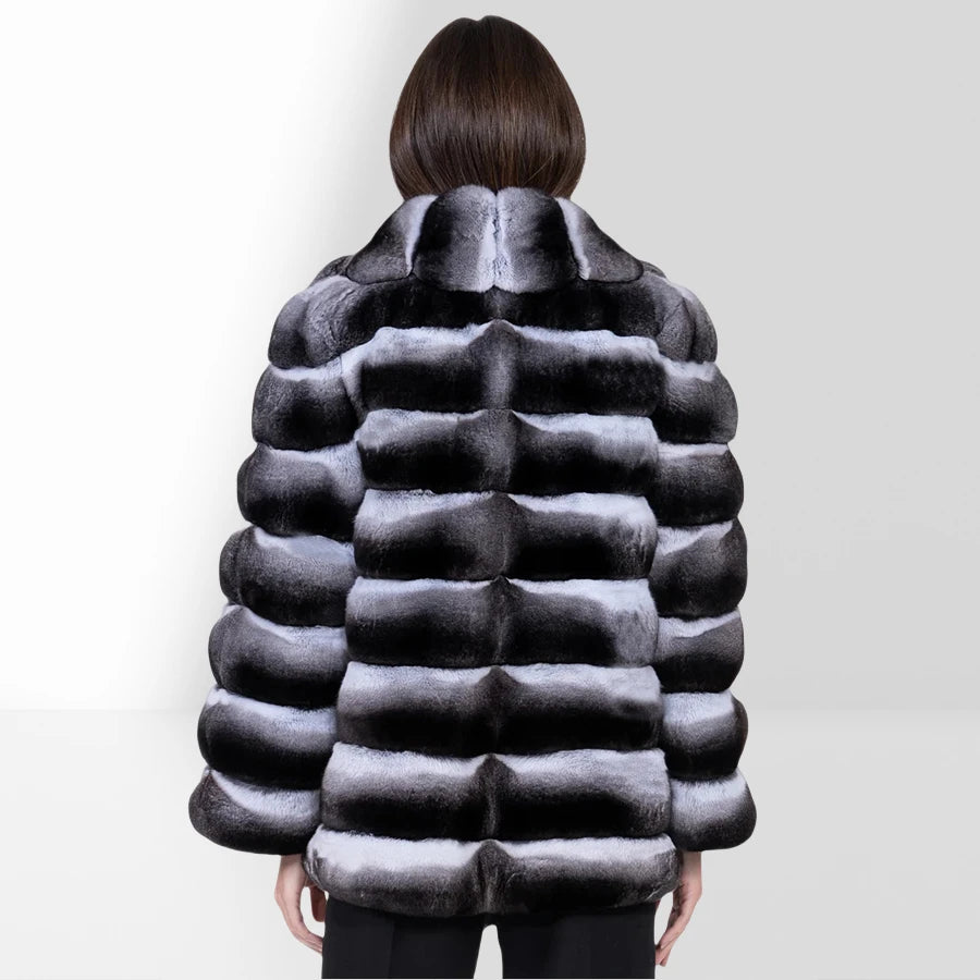 Women's Winter Jacket Real Rex Rabbit Fur Jacket With Hood Chinchilla Color Fur Coat High Quality Genuine Leather Jackets