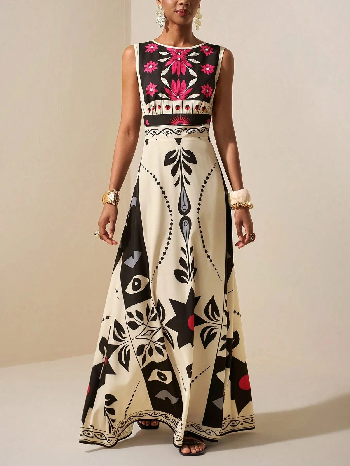 Maxi Dress – Floral Tribal Sleeveless A-Line – Polyester – Red | KIMLUD