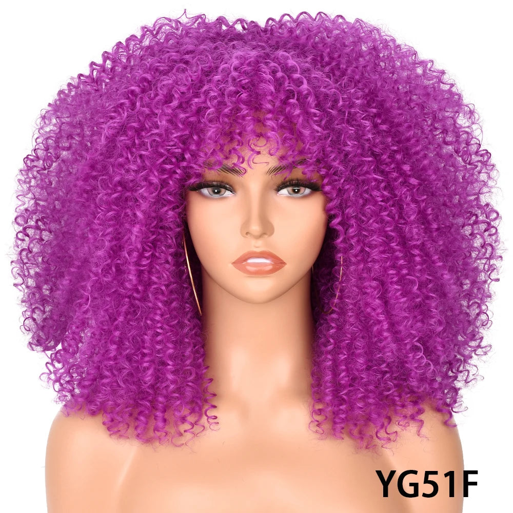 Afro Kinky Curly Hair Wigs With Bangs — Natural Brown Mixed | KIMLUD