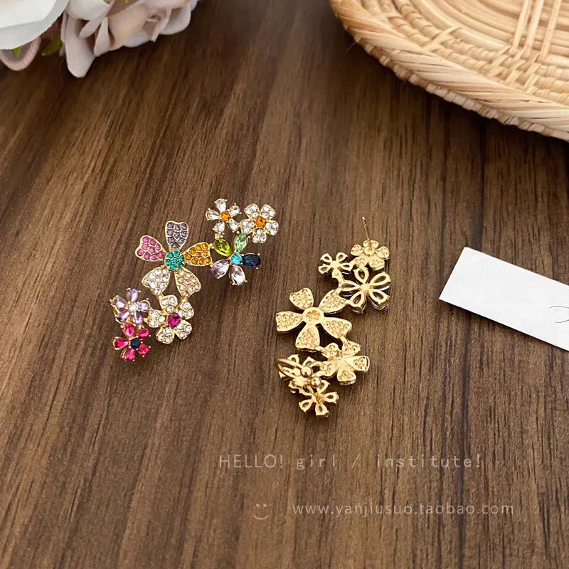 Gold-Plated Earrings Rainbow Zircon Petals Delicate Daisy Motif With Curved Silhouette — Gold | KIMLUD