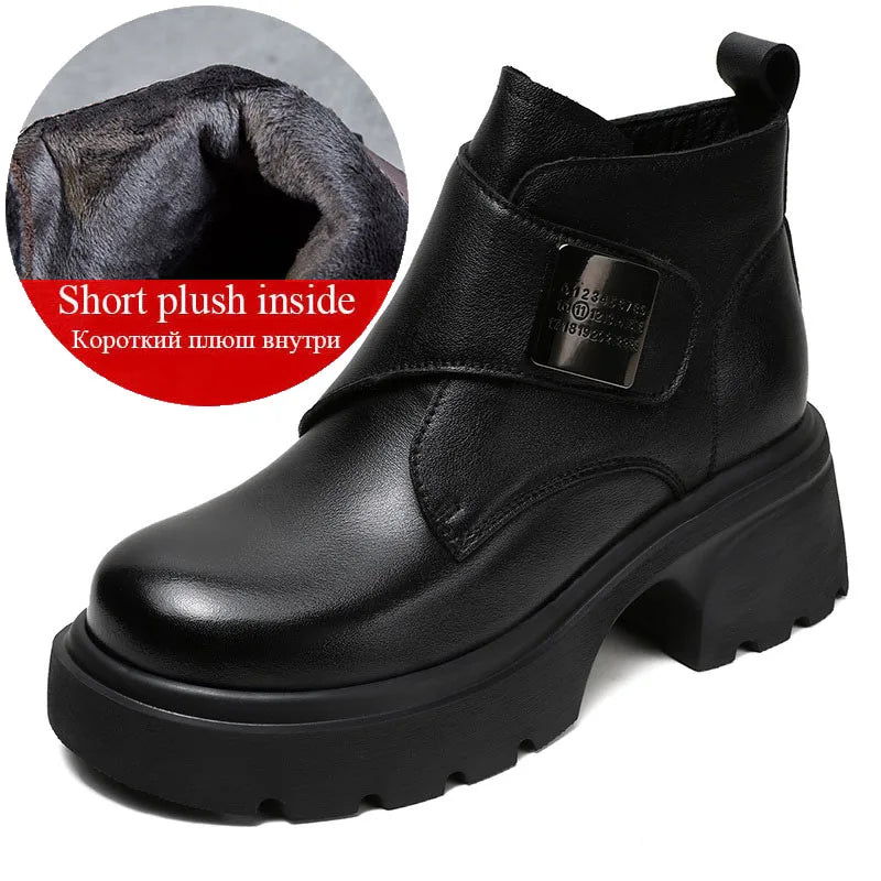 DRKANOL Wide Head Design Women Platform Boots Autumn Winter Warm Thick High Heel Hool And Loop Metal Genuine Leather Ankle Boots