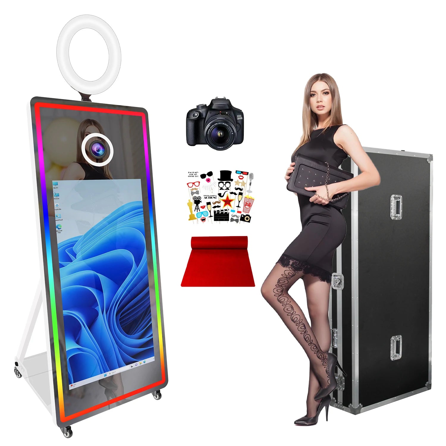 Metal-Glass Frame Portable Mirror Photo Booth 43 Inch With LED Edge Lighting — Black | KIMLUD