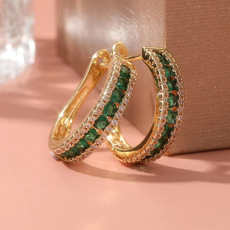 Cubic Zirconia Hoop Earrings Inlaid — Green | KIMLUD