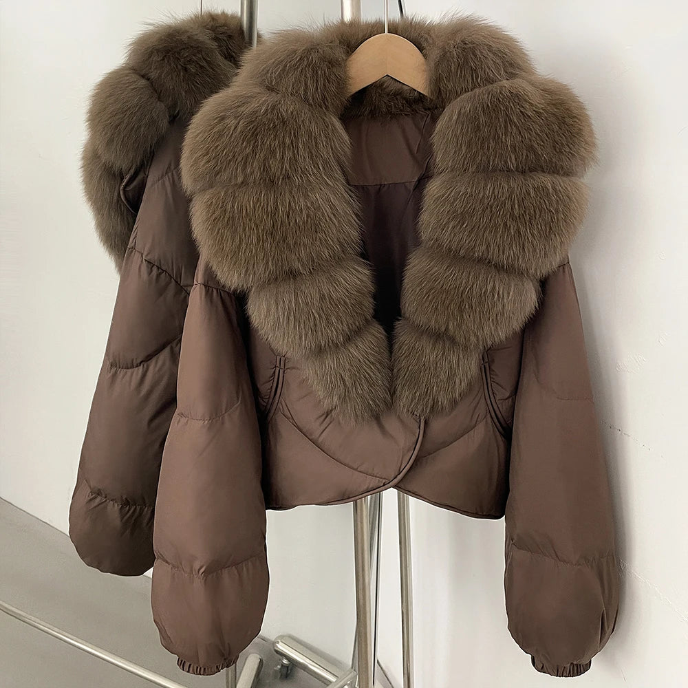 Down Coat – Real Fox Fur Trim – Duck Down – Natural | KIMLUD