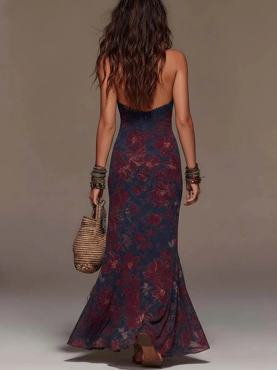 Halter Neck Dress – Lace Patchwork – Polyester Maxi | KIMLUD