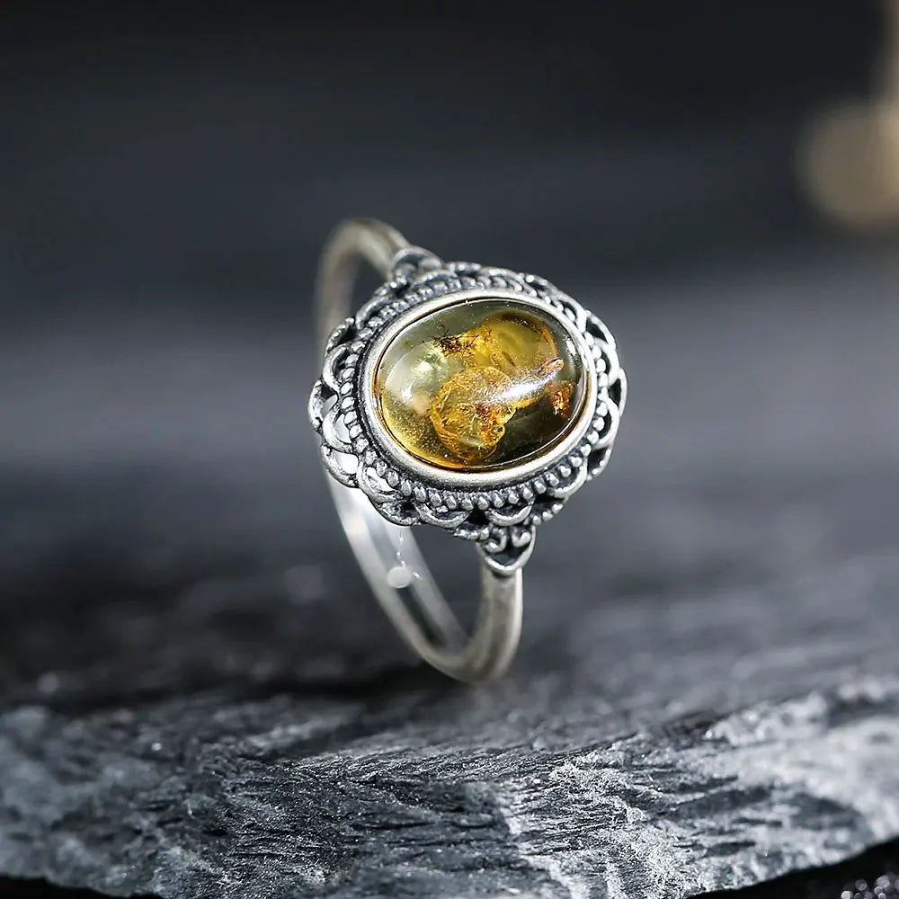 Sterling Silver Ring Adjustable Vintage Hollow Floral Design — Amber | KIMLUD