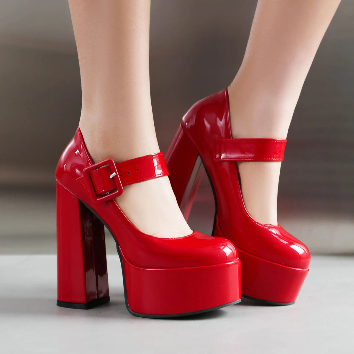 Mary Jane Platform Pumps – Buckle Strap – PU – Red | KIMLUD