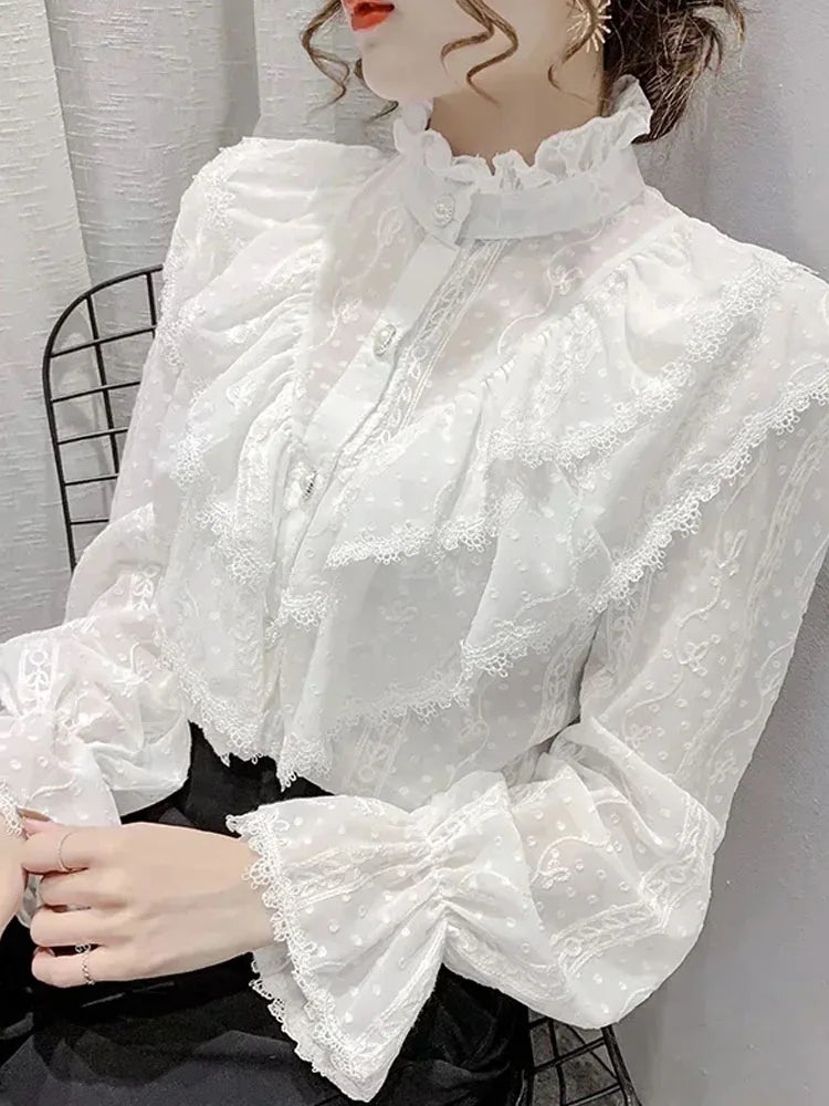 Chiffon Blouse Stand Collar Lace — White Apricot | KIMLUD