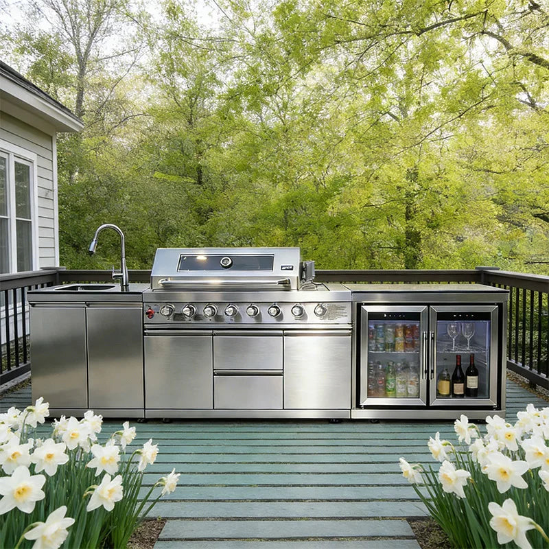 Sturdy 304 Stainless Steel Outdoor Kitchen Cabinet With Grill Cooktop Sink Fridge Rolling Movable On Wheels For Backyard Patio G