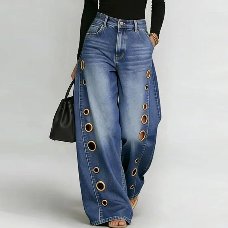 Elegant Fashion Patchwork Chic Trousers Women Spring Summer Hollow Out Wide Leg Pants 2026 Casual Lady High Waist Pants Femme