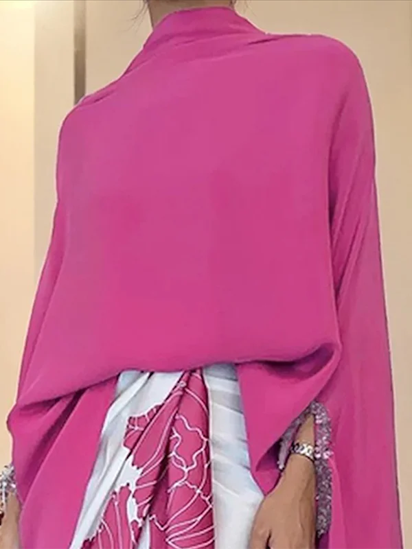 KIMLUD, Yeezzi Women Solid Color Irregular Clipping Stand Collar Tops 2025 New Spring Batwing Sleeves Loose Urban Casual Daily T-shirts, KIMLUD Womens Clothes