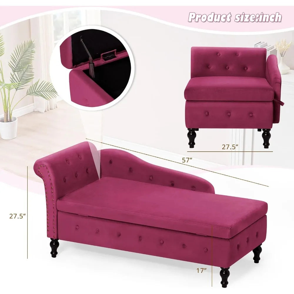 Velvet Chaise Lounge with Left Armrest & Storage Space,Button Tufted Lounge Chair w/Lumbar Pillow,Modern Upholstered Lounge Chai