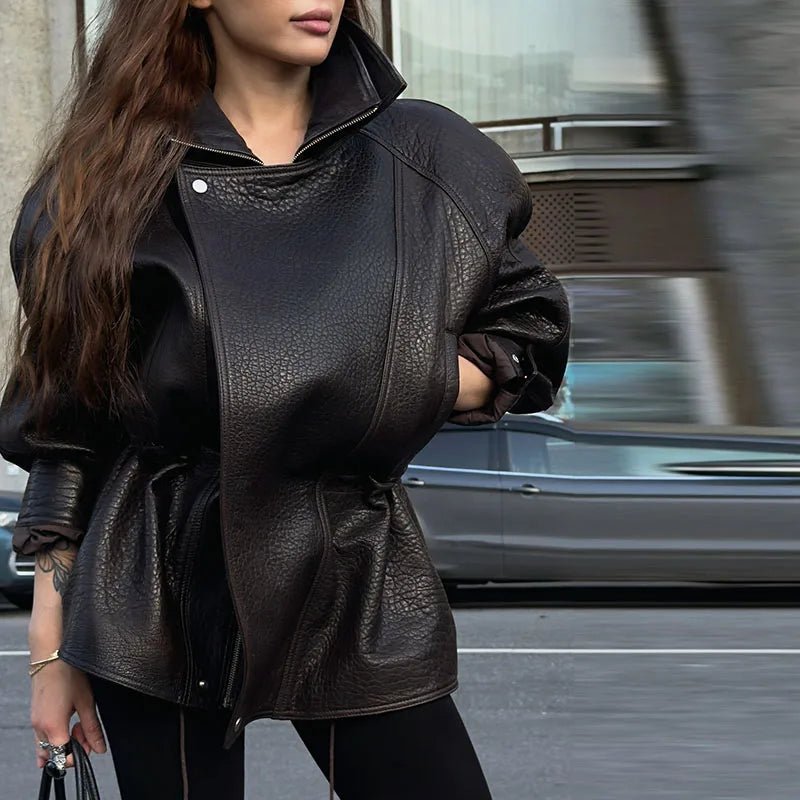 Chic Textured Leather Jacket Women Urban Lapel Drawstring Asymmetrical Loose Full Sleeve Jackets Female 2025 Edgy Lady Coats New