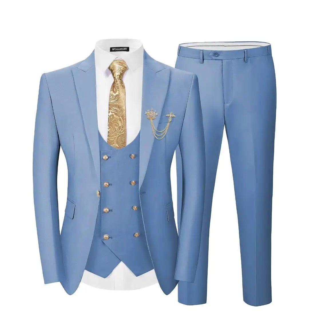 Men's 3-Piece Suit Set Classic One Gold Button Slim Fit Blazer Vest Pants Formal Business Wedding Wear