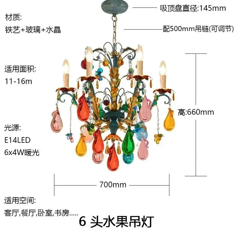 French Colorful Restaurant Chandelier Art Glass Lamp Romantic Bedroom Lamp Retro Colorful Candle Chandelier Crystal Lamp