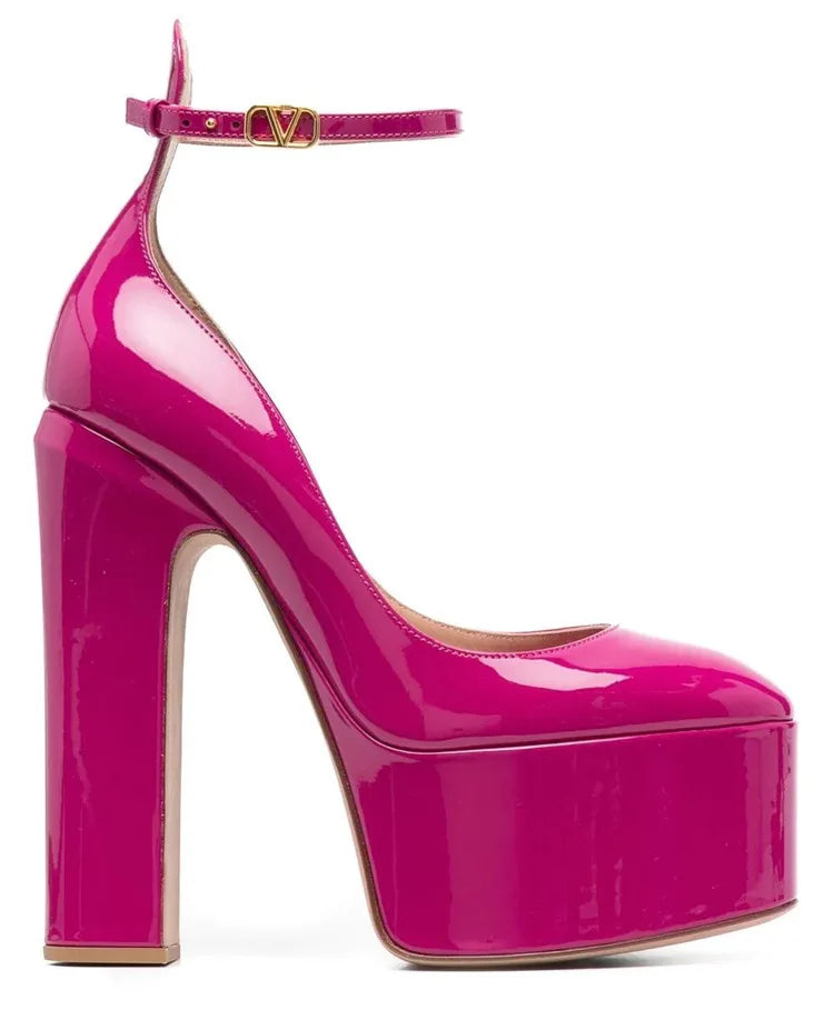 Women New European And American Style Super High Heels Patent Leather Round Toe Thick Sole Large Size Thick Heel Shoes