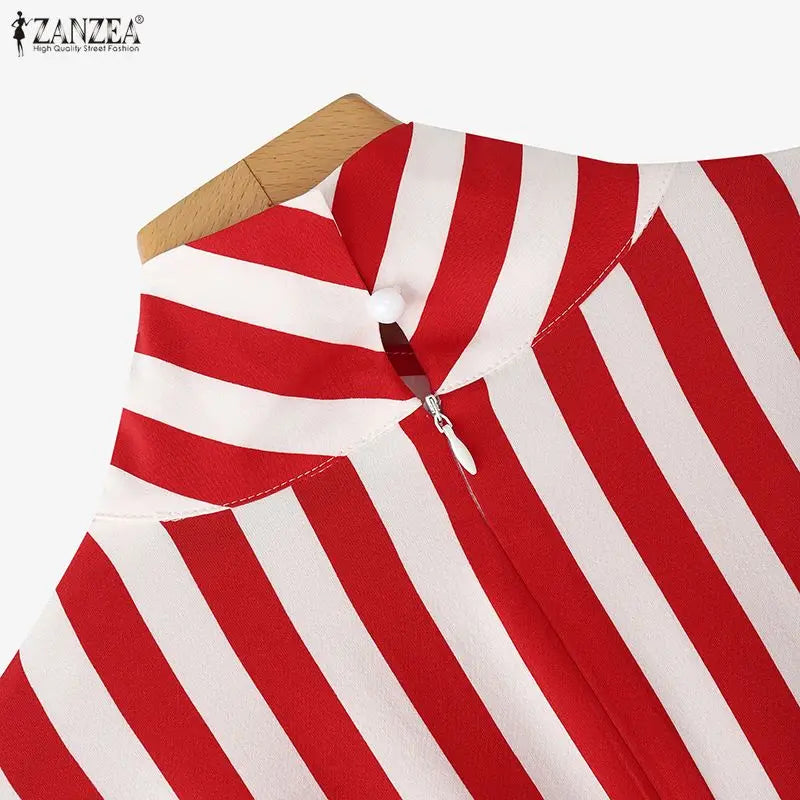 ZANZEA Women Stylish Tie Waist Striped Blouses 2025 Autumn Fashion Long Sleeve Cutout Turtleneck Tops Woman Clothing Streetwear