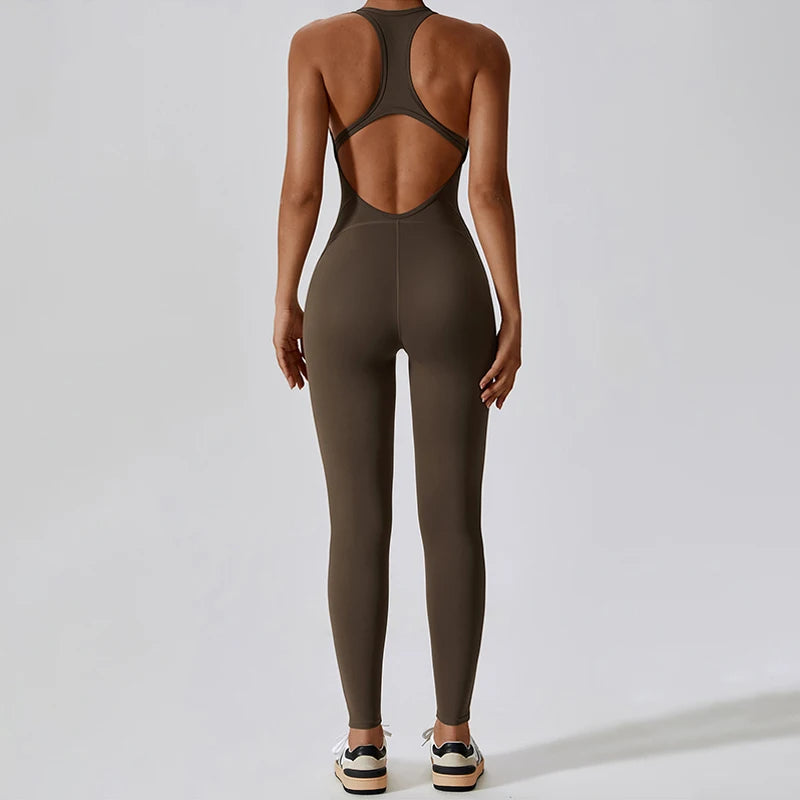 Nylon Tracksuit Jumpsuit Bodysuit — Athletic One-Piece Yoga Set — Black | KIMLUD
