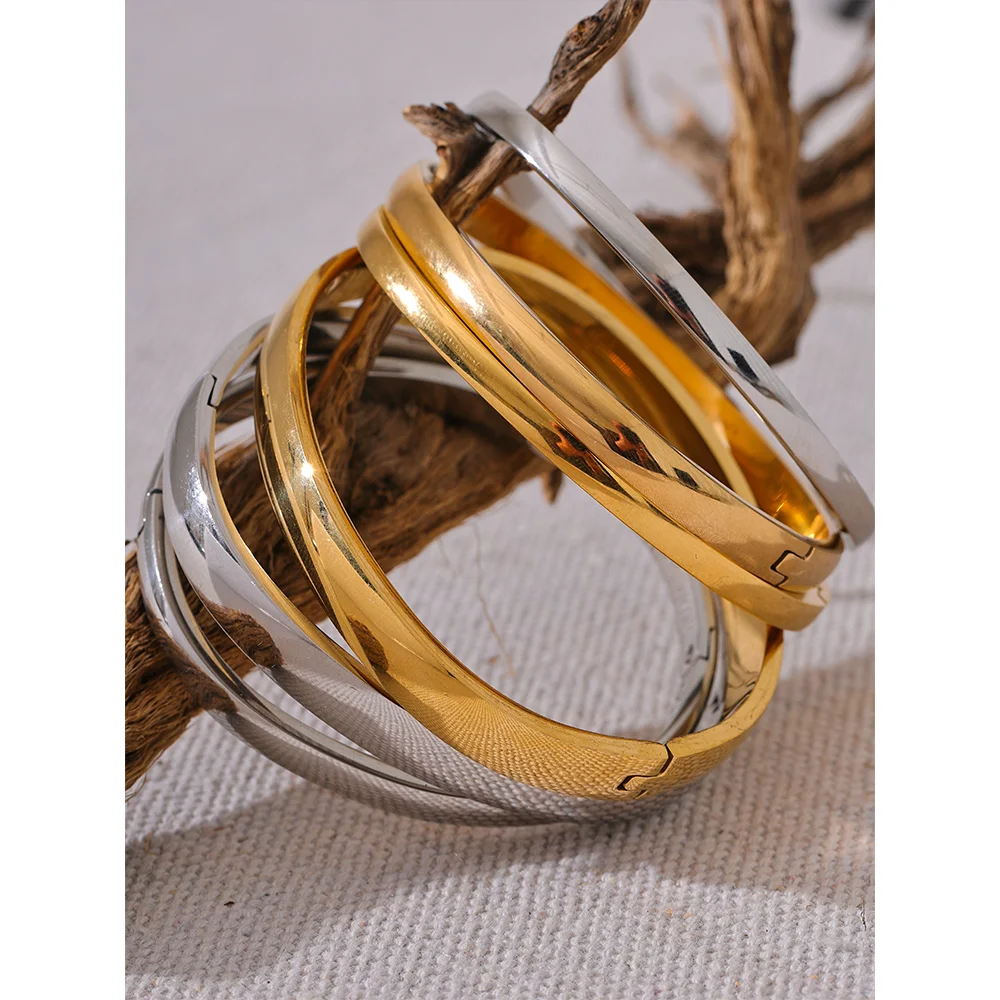 Yhpup 60mm Waterproof 316L Stainless Steel Round Smooth Bracelet Bangle Women Minimalist 18k Gold Color Texture Charm Jewelry - KIMLUD