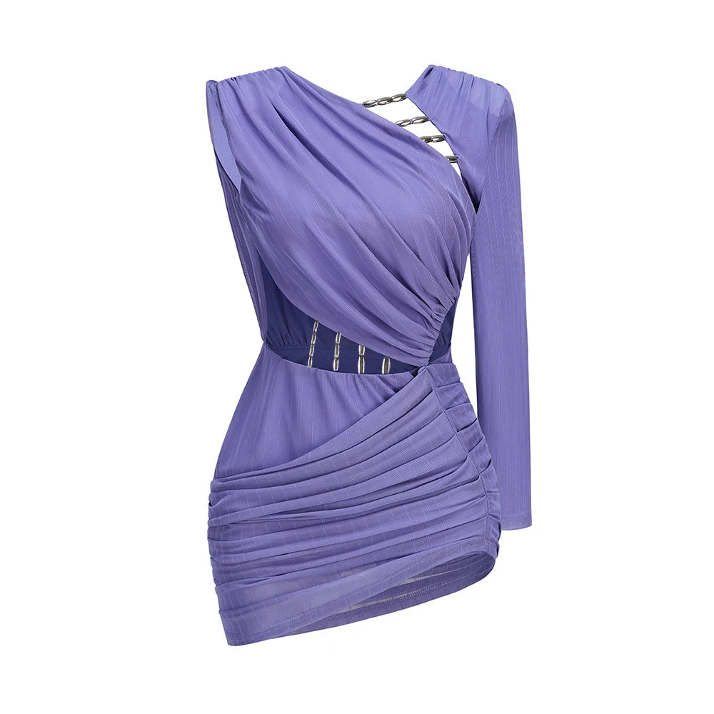 VC Party Glamour Purple One-Shoulder Cutout Chain Mini Dress for Summer Fashion Gala Gown