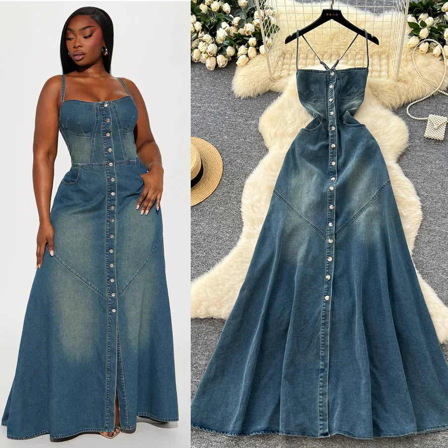 Denim-Inspired Polyester Long Dress Strapless A-Line Silhouette With Sculpted Draping — Blue | KIMLUD