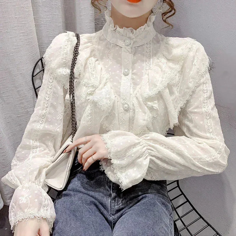 Chiffon Blouse Stand Collar Lace — White Apricot | KIMLUD