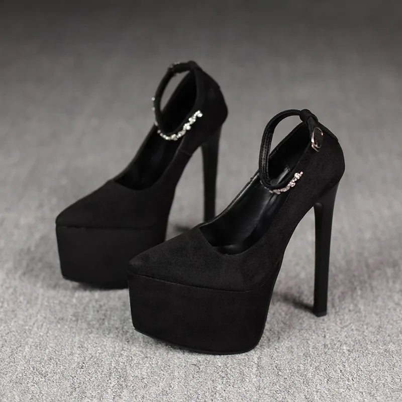 2026Stylish Rhinestone Straight Heel Single Shoes Stylish Pointed Toe Shallow Mouth Platform Heels