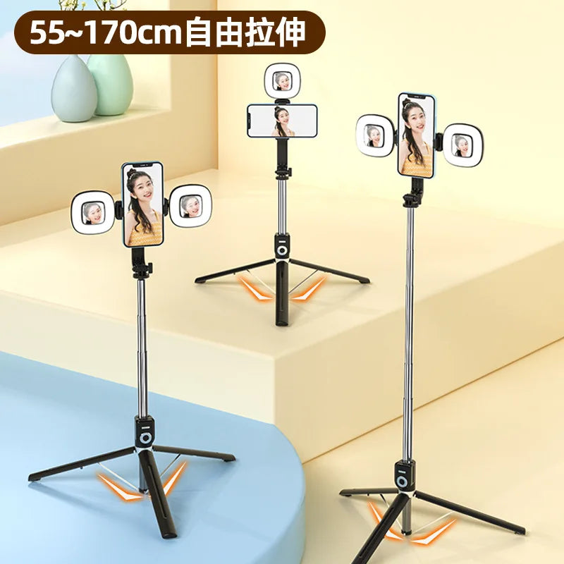 1.7M Extendable live Tripod Selfie Stick Support LED Ring Dual light mirror Stand 4 in 1 Phone Mount for Android IOS Cell Phone