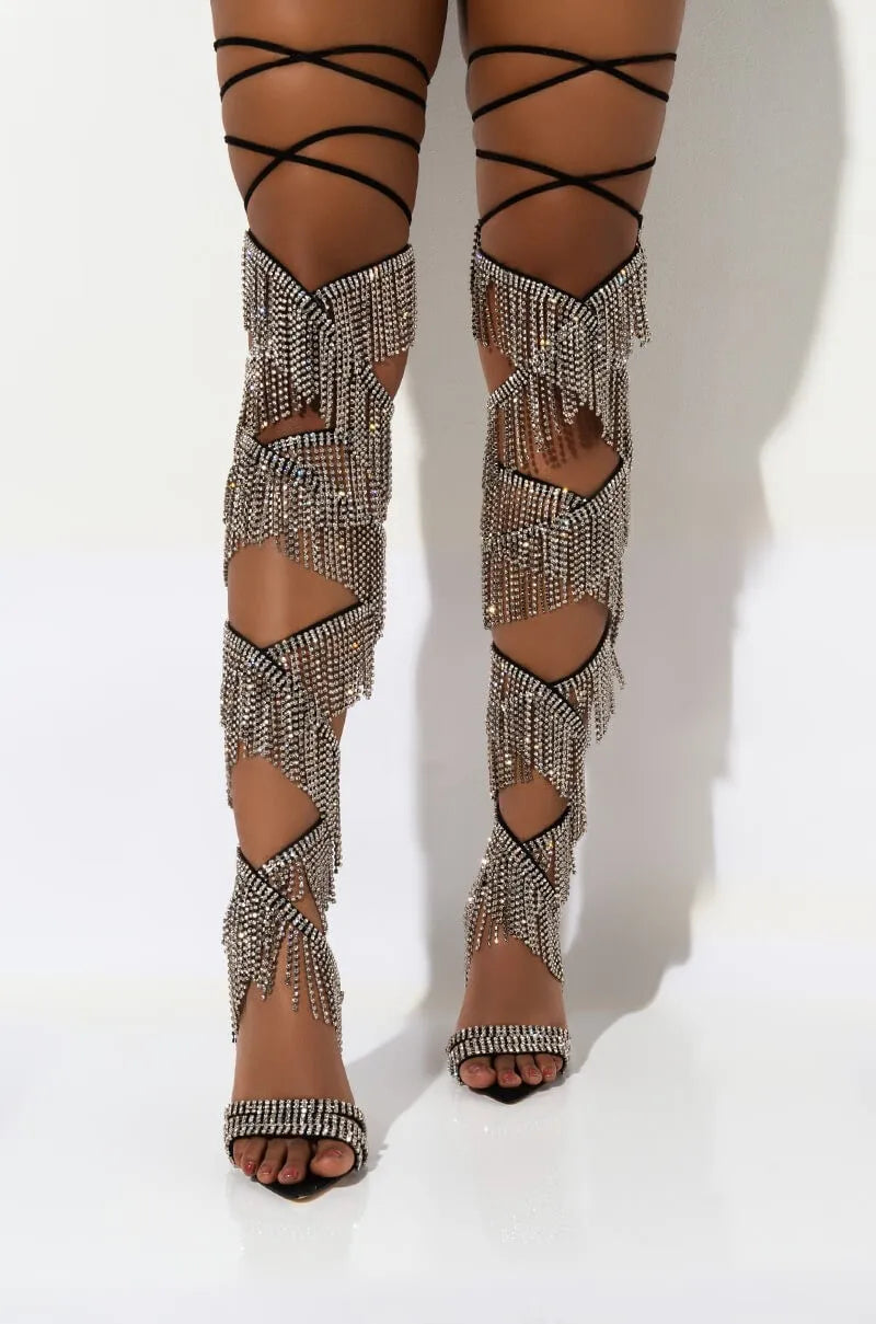 Rhinestone Chain Over-the-Knee Boots Tassel — Silver | KIMLUD