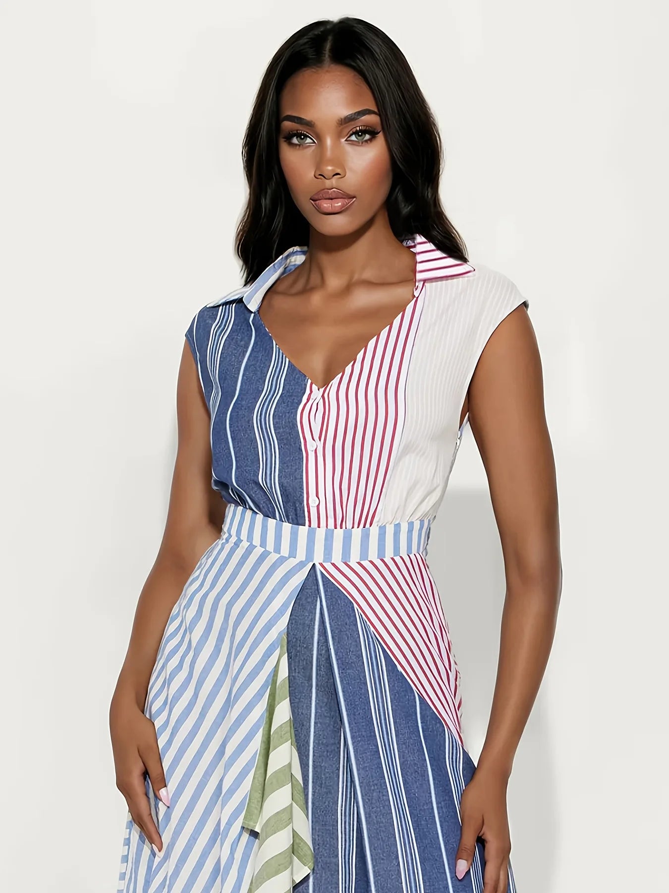 Personality Contrast Color Stitching Striped Dress Women's Summer Fashion Irregular Waist V-neck Sleeveless Commuting Dresses