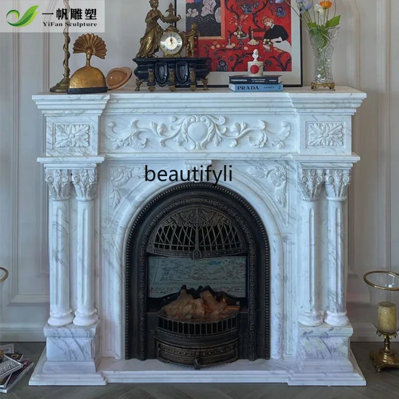 Marble Fireplace Stone Carving Living Room Decor — White | KIMLUD