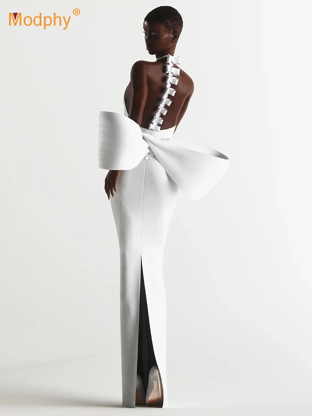 Modphy Party Bandage Bow Halter Evening Maxi Dress Women Sexy Backless Off Shoulder Sleeveless Long Female Dresses Lady Robes - KIMLUD